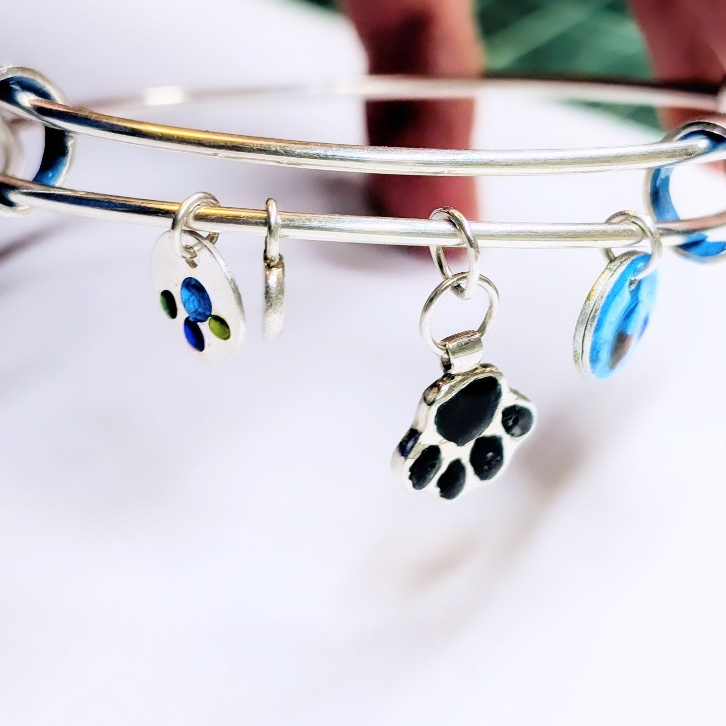 Silver Enamel Paw Print Bangle
