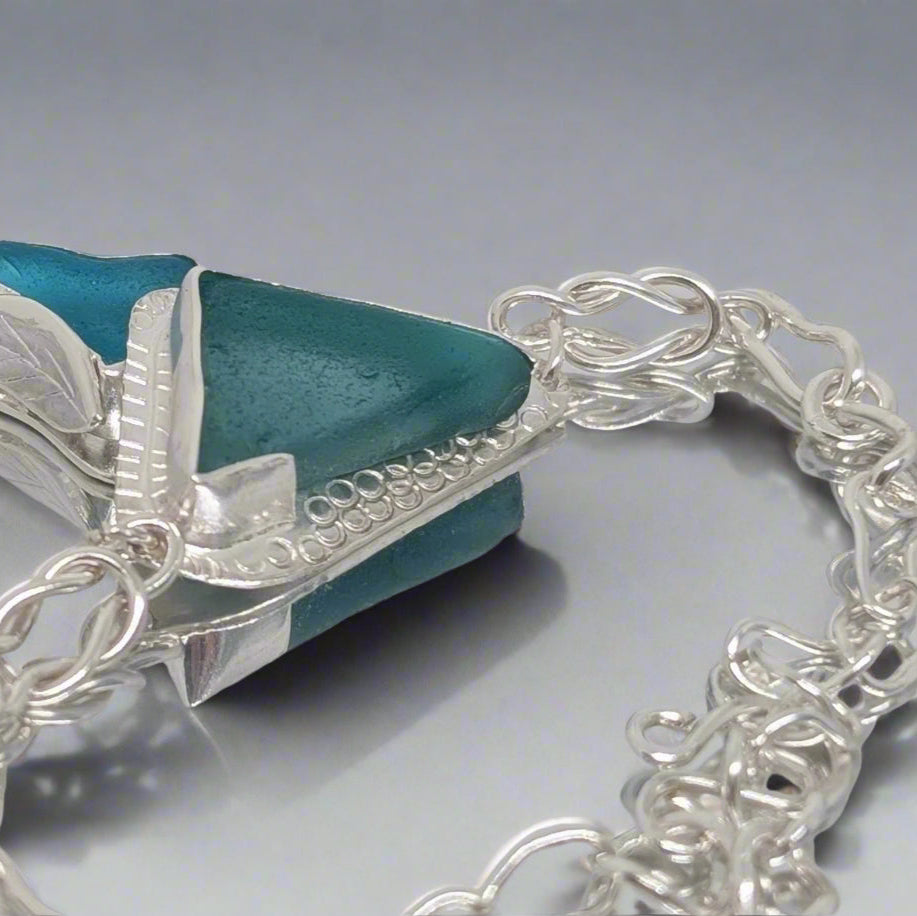 Teal Sea Glass Silver Bracelet