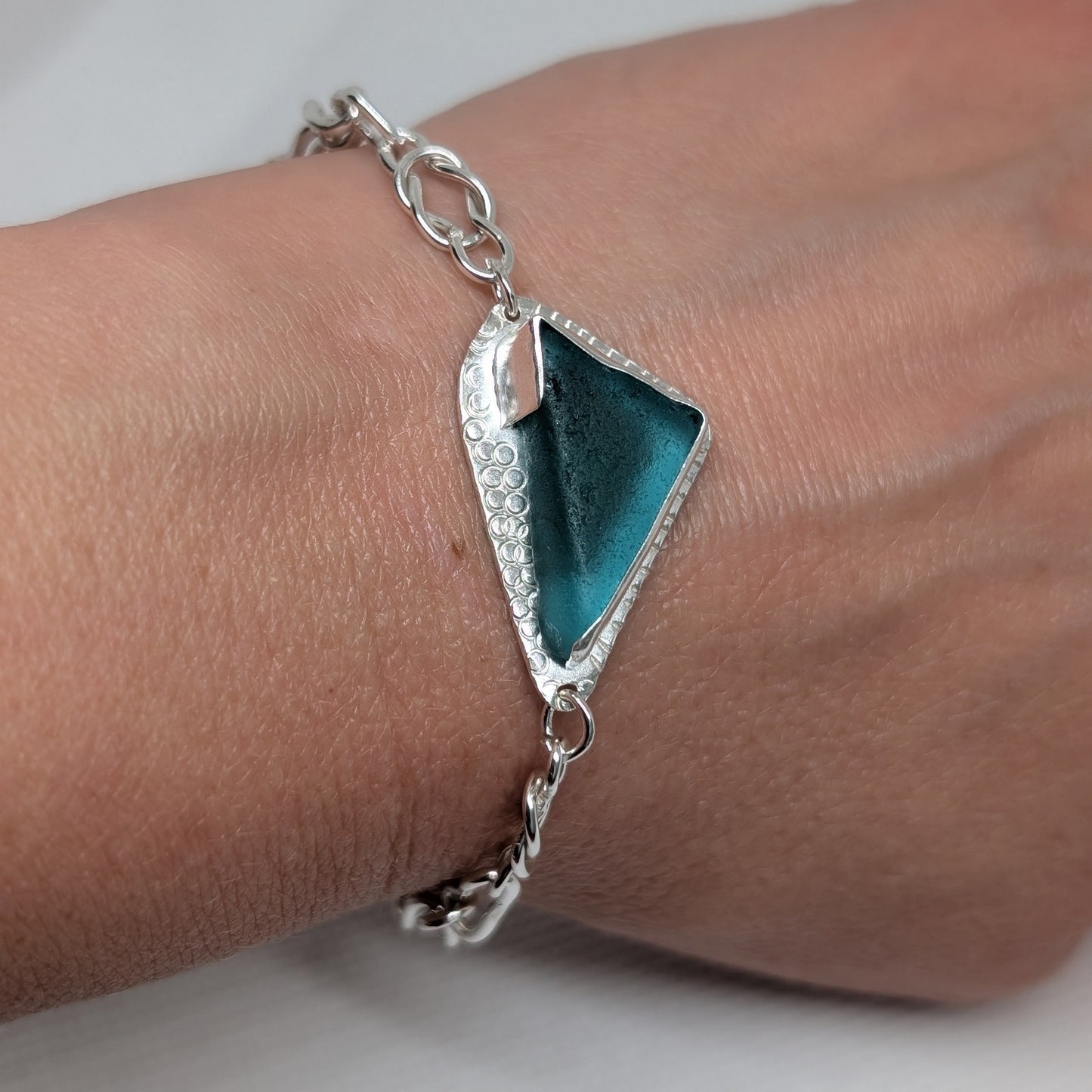 Teal Sea Glass Silver Bracelet