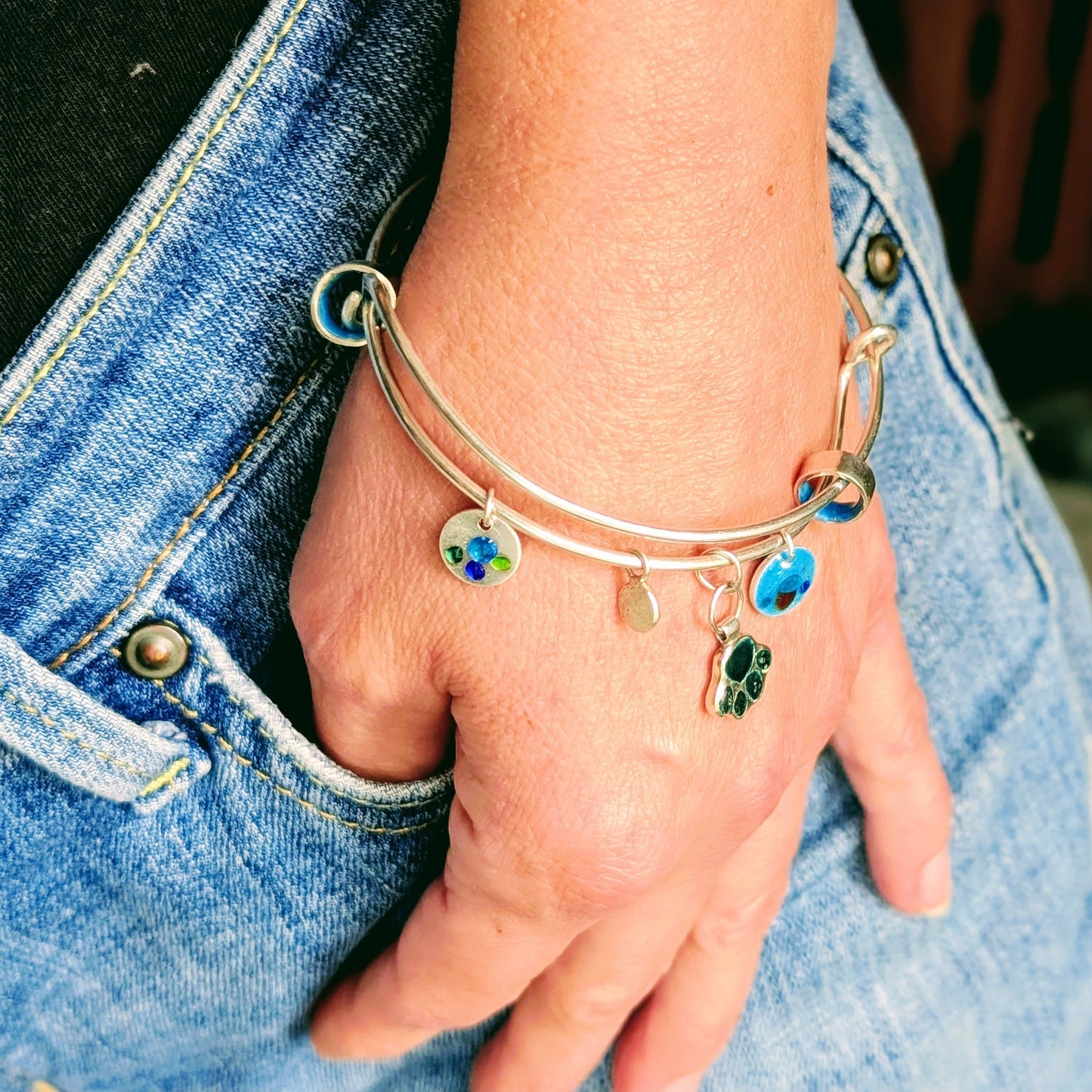Silver Enamel Paw Print Bangle