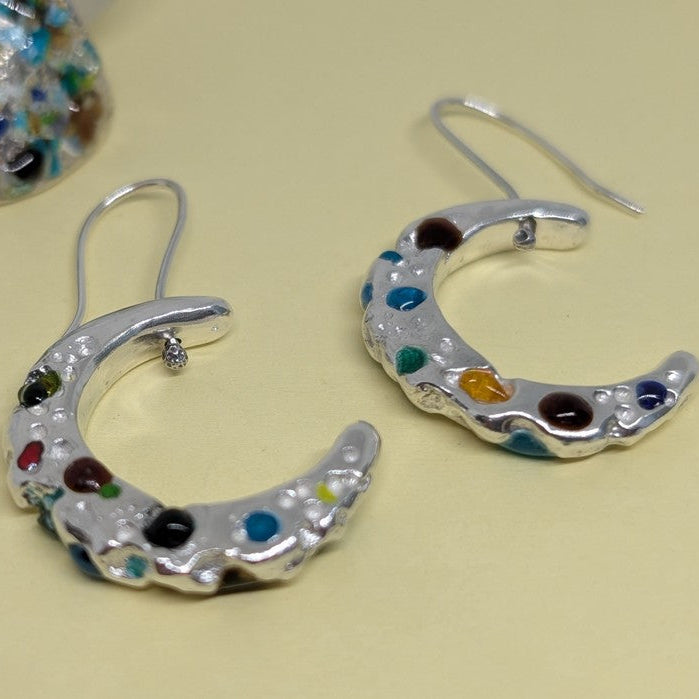 Solid Silver Enamel Moon Hoops