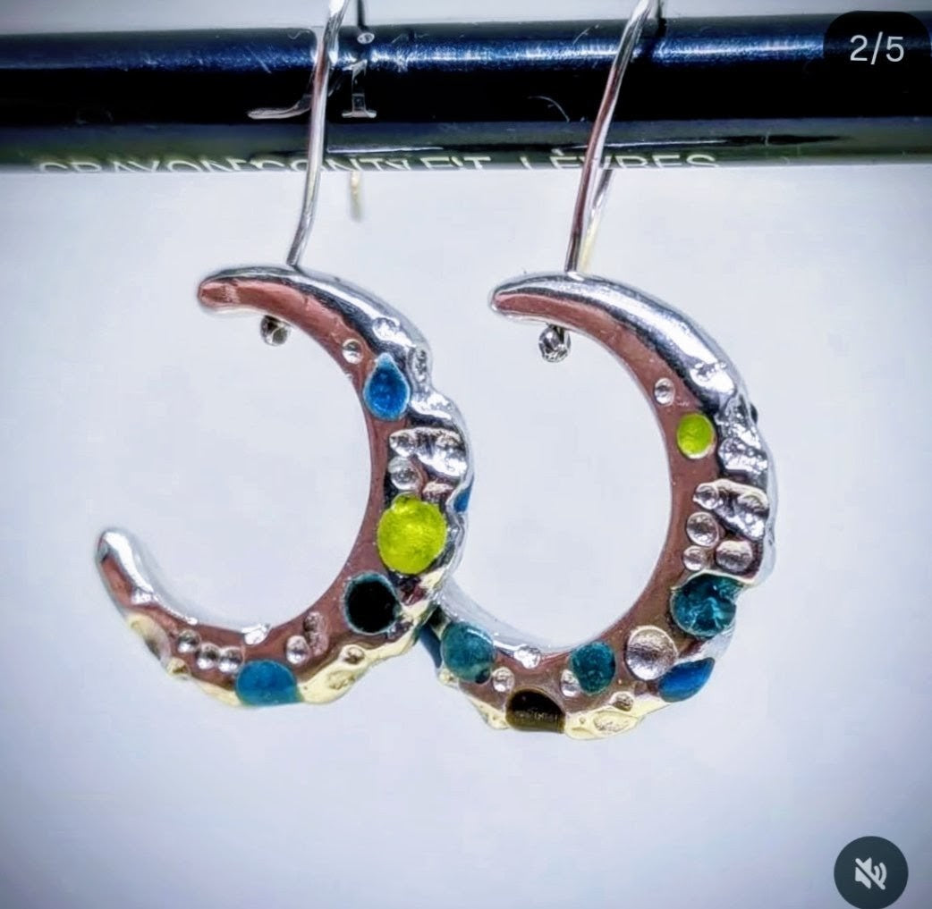Solid Silver Enamel Moon Hoops