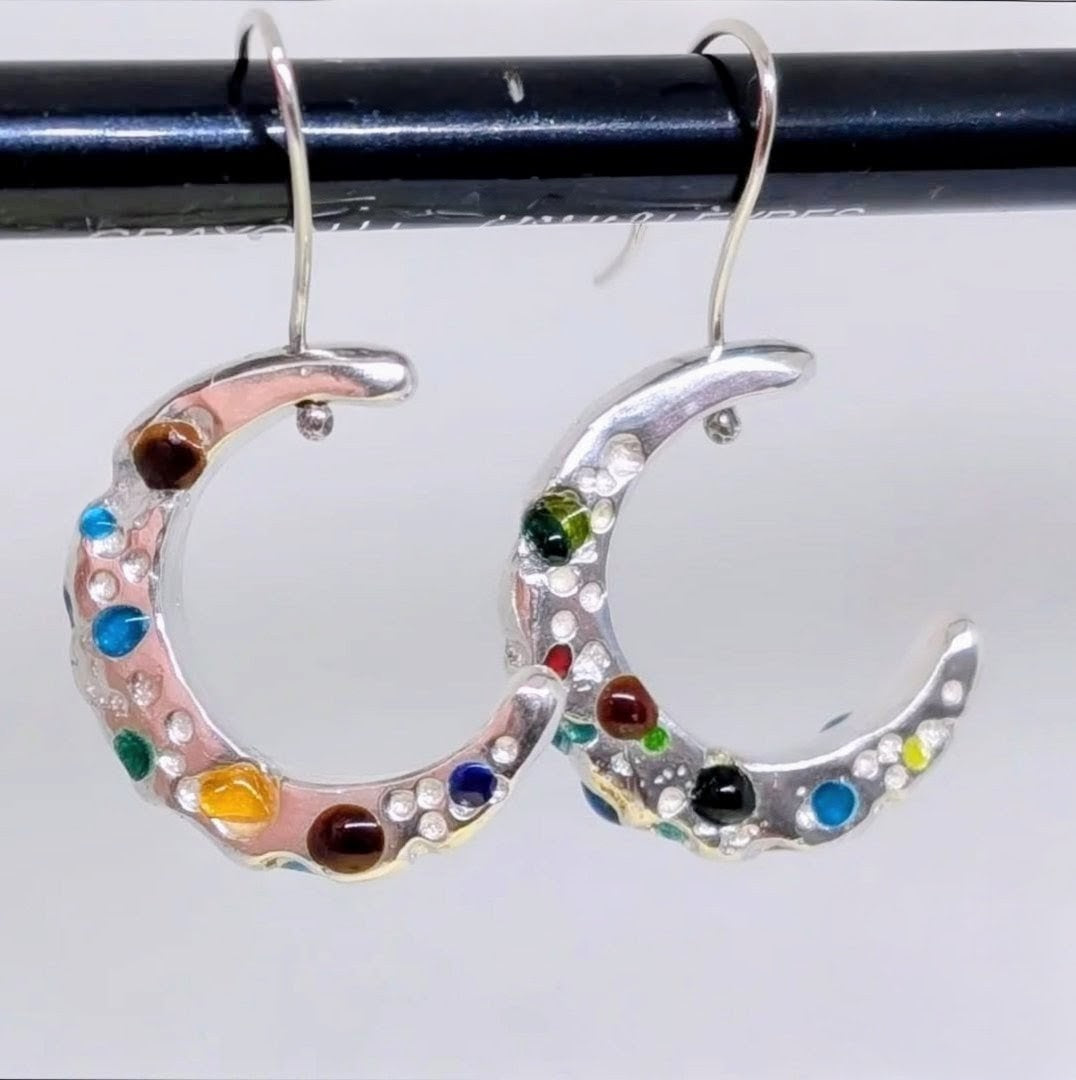 Solid Silver Enamel Moon Hoops