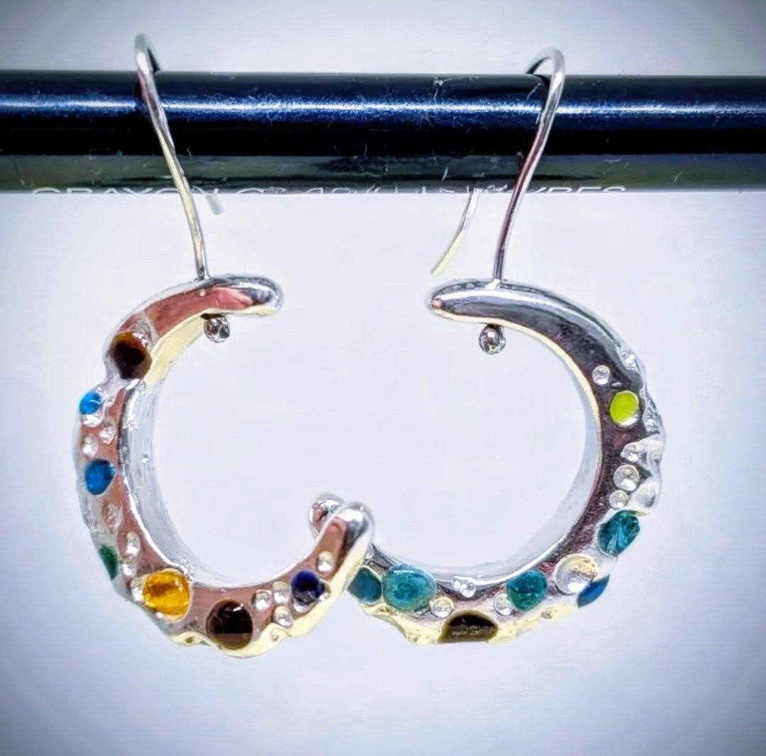 Solid Silver Enamel Moon Hoops