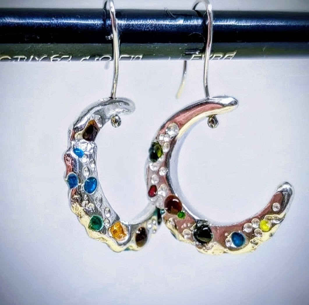 Solid Silver Enamel Moon Hoops
