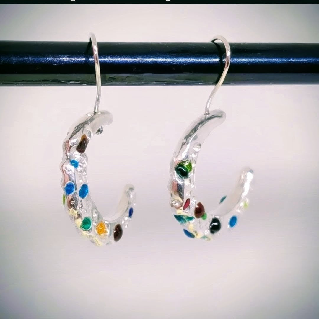 Solid Silver Enamel Moon Hoops