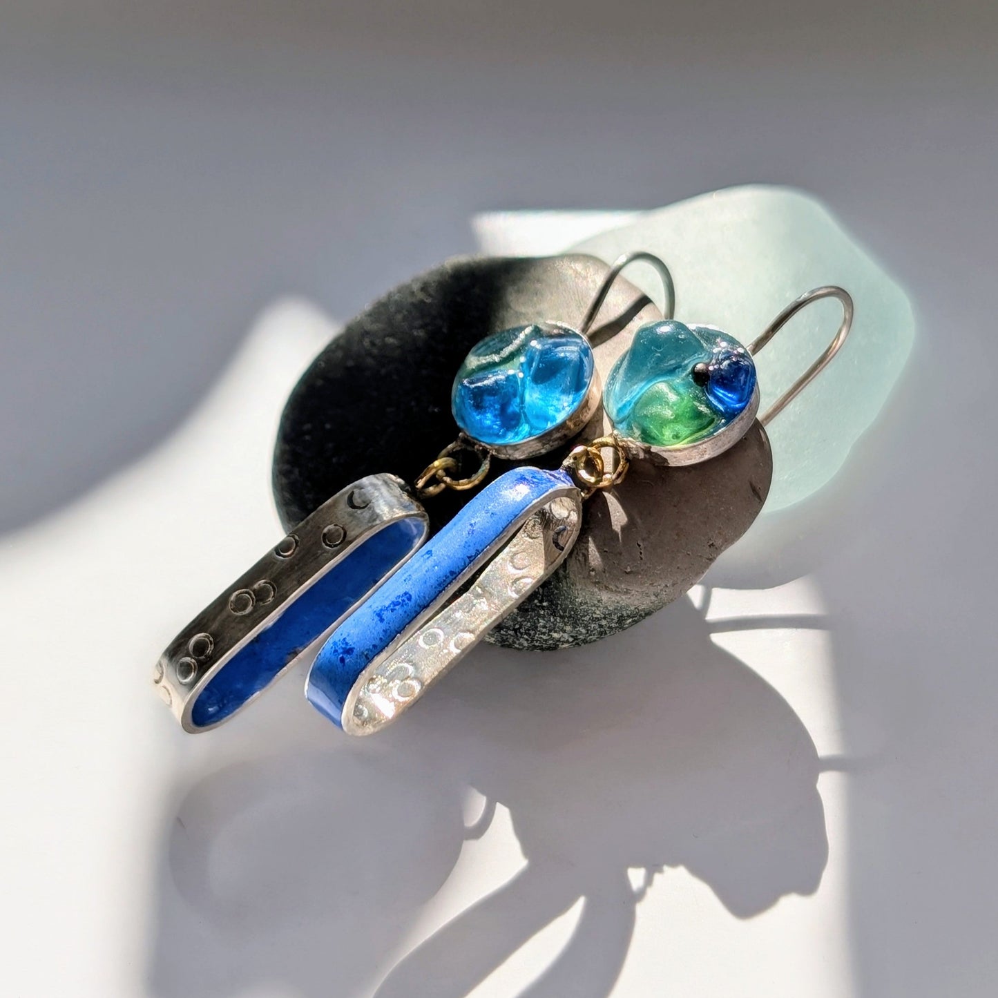 Sea glass & Enamel Earrings Blue