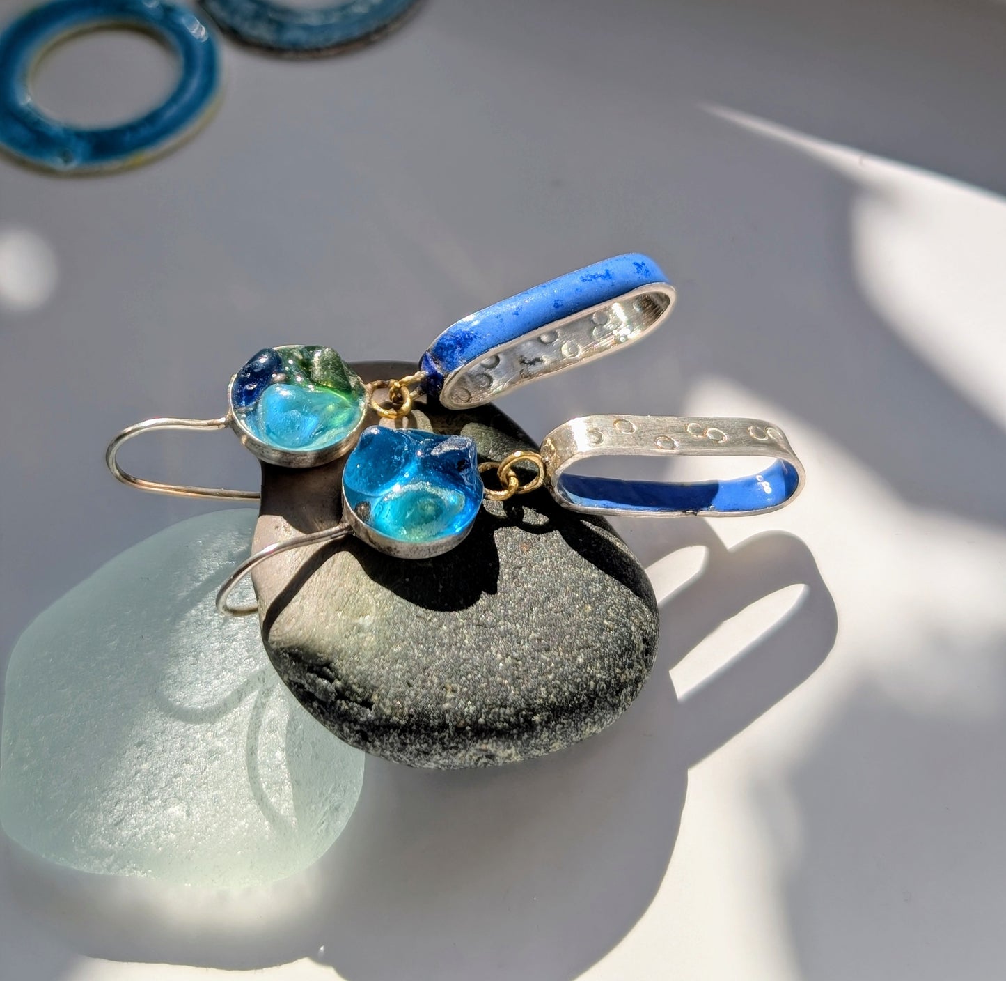 Sea glass & Enamel Earrings Blue
